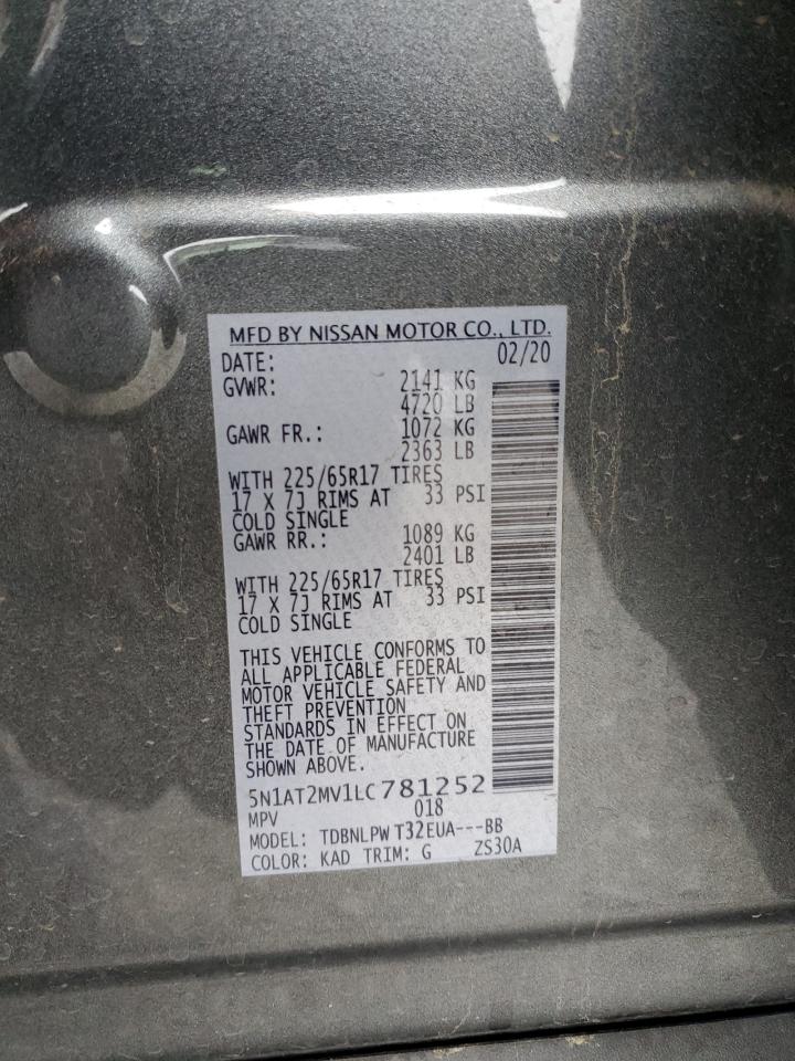 2020 Nissan Rogue VIN 5N1AT2MV1LC781252 Copart auction photo, front end damage thumbnail 13