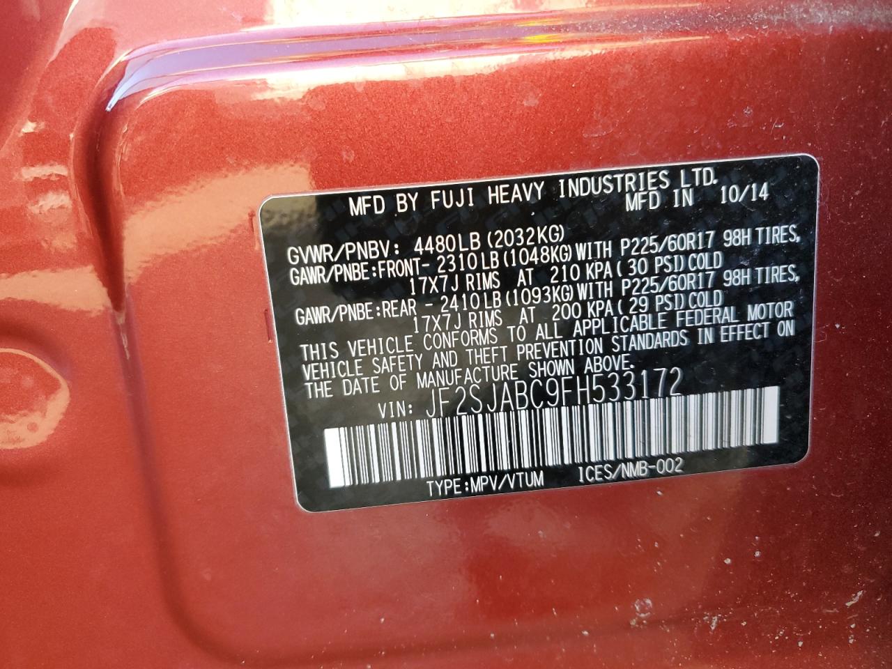 2015 Subaru Forester VIN JF2SJABC9FH533172 Copart auction photo, front end damage thumbnail 13