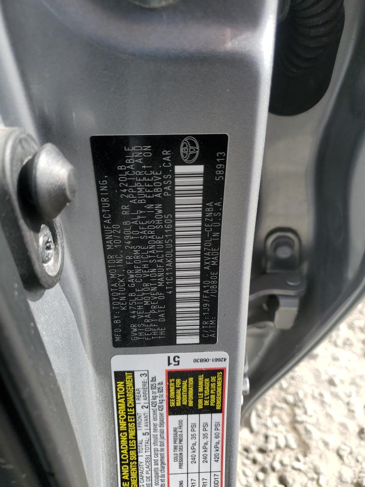 2020 Toyota Camry VIN 4T1C11AK0LU511605 Copart auction photo, front end / side damage thumbnail 14