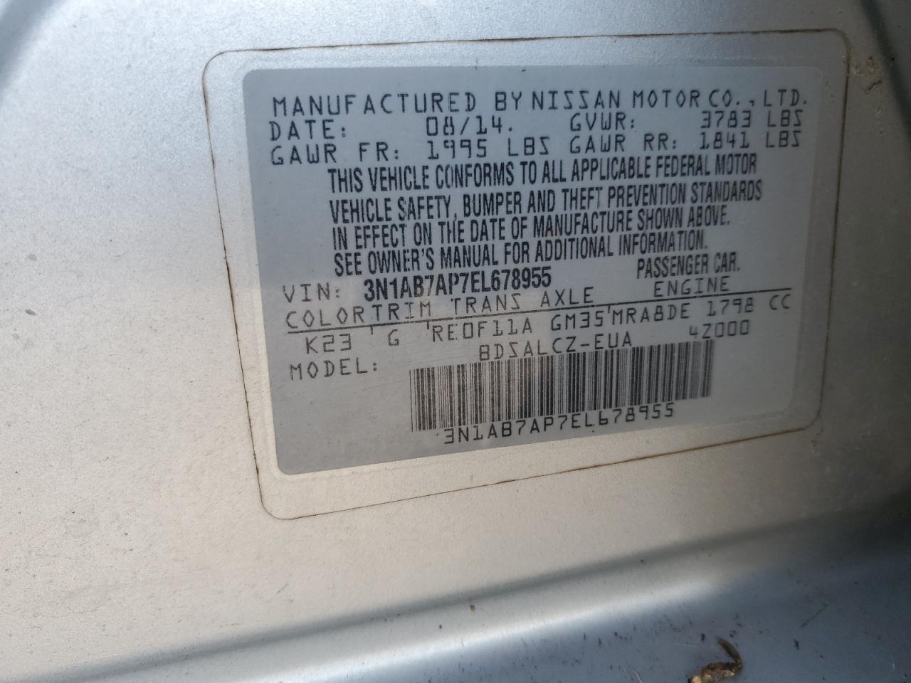 2014 Nissan Sentra VIN 3N1AB7AP7EL678955 Copart auction photo, water/flood damage thumbnail 14