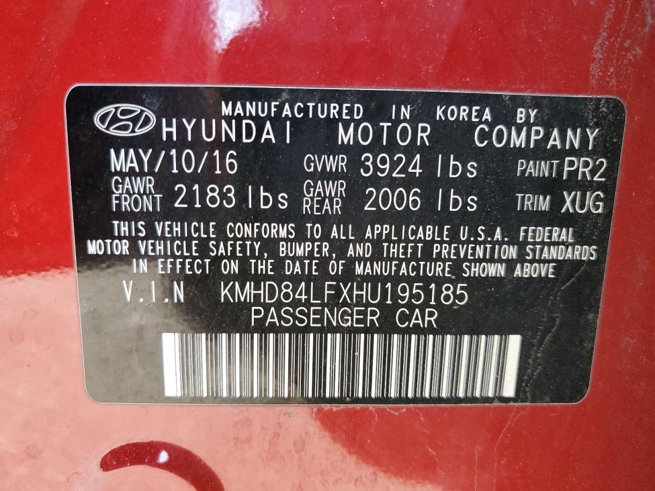 2017 Hyundai Elantra VIN KMHD84LFXHU195185 Copart auction photo, all over damage thumbnail 14