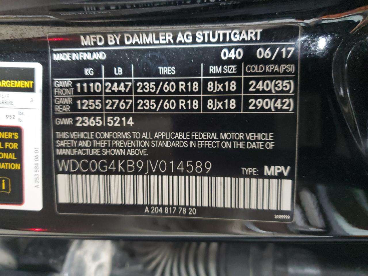 2018 Mercedes-Benz GLC VIN WDC0G4KB9JV014589 Copart auction photo, rear end / front end damage thumbnail 13