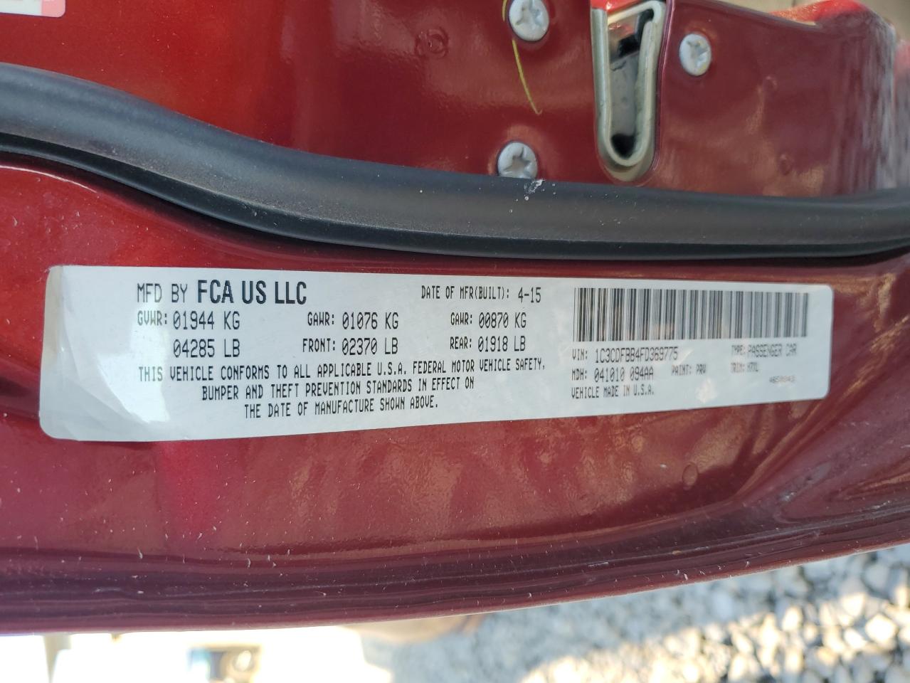 2015 Dodge Dart VIN 1C3CDFBB4FD369775 Copart auction photo, front end damage thumbnail 14