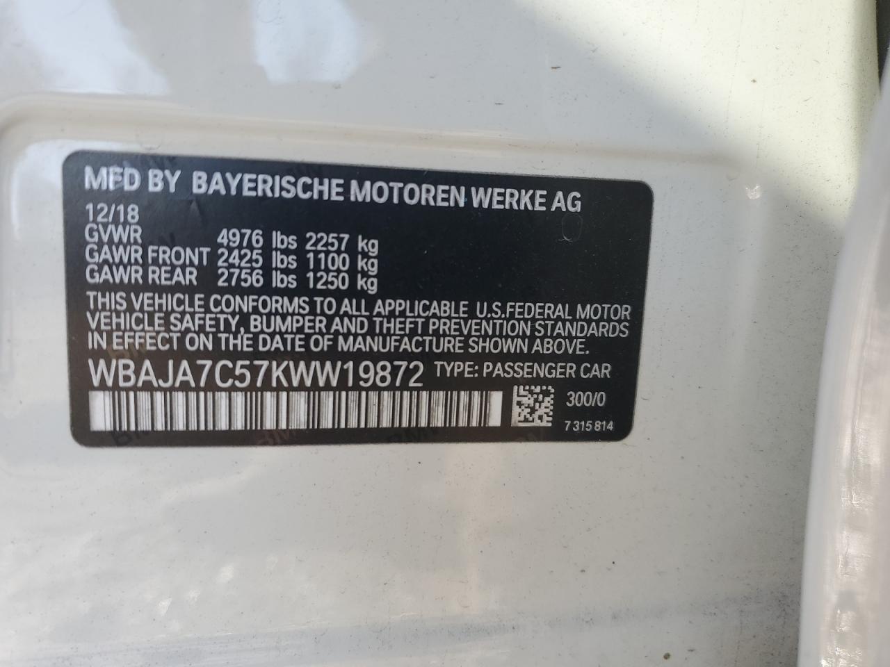 2019 BMW 5er VIN WBAJA7C57KWW19872 Copart auction photo, minor dent/scratches damage thumbnail 12