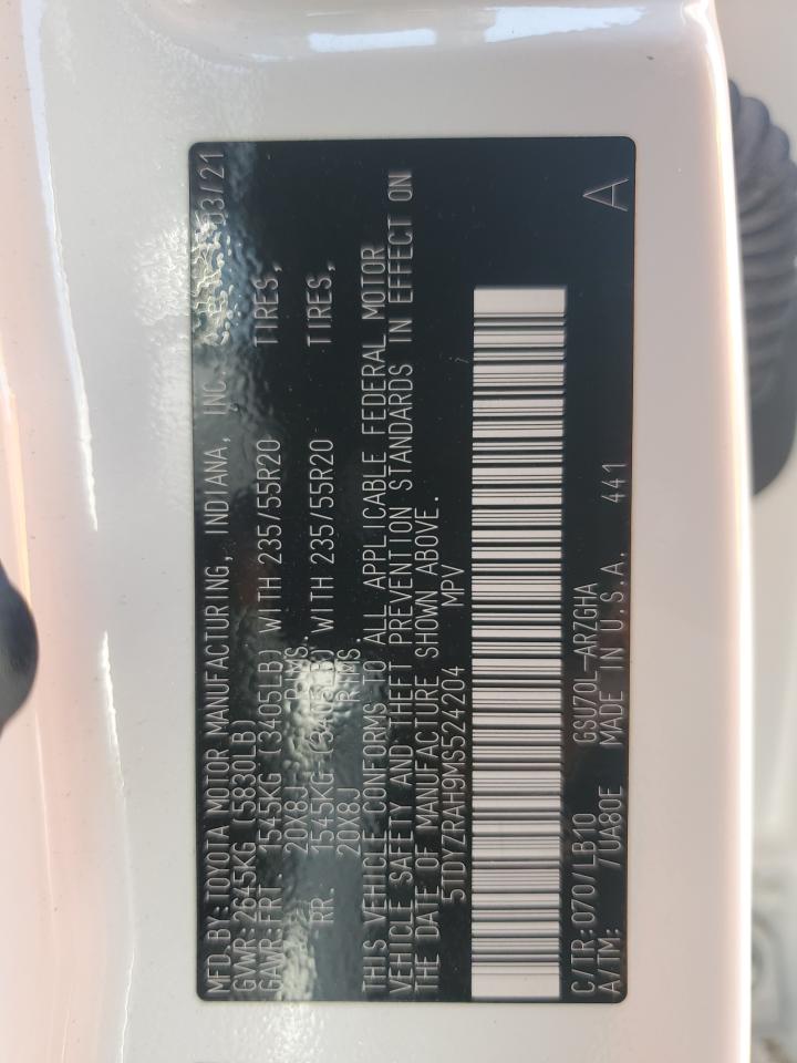 2021 Toyota Highlander VIN 5TDYZRAH9MS524204 Copart auction photo, front end damage thumbnail 13
