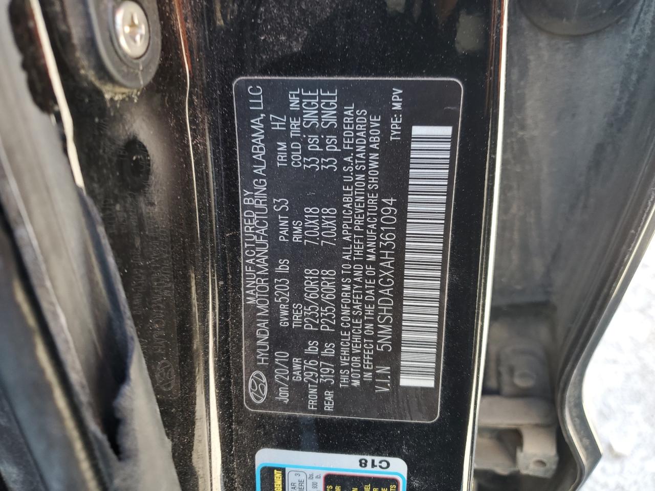 2010 Hyundai Santa Fe VIN 5NMSHDAGXAH361094 Copart auction photo, mechanical / minor dent/scratches damage thumbnail 13