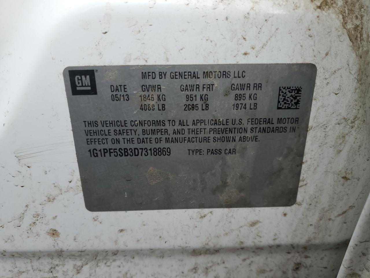 2013 Chevrolet Cruze VIN 1G1PF5SB3D7318869 Copart auction photo, all over damage thumbnail 12