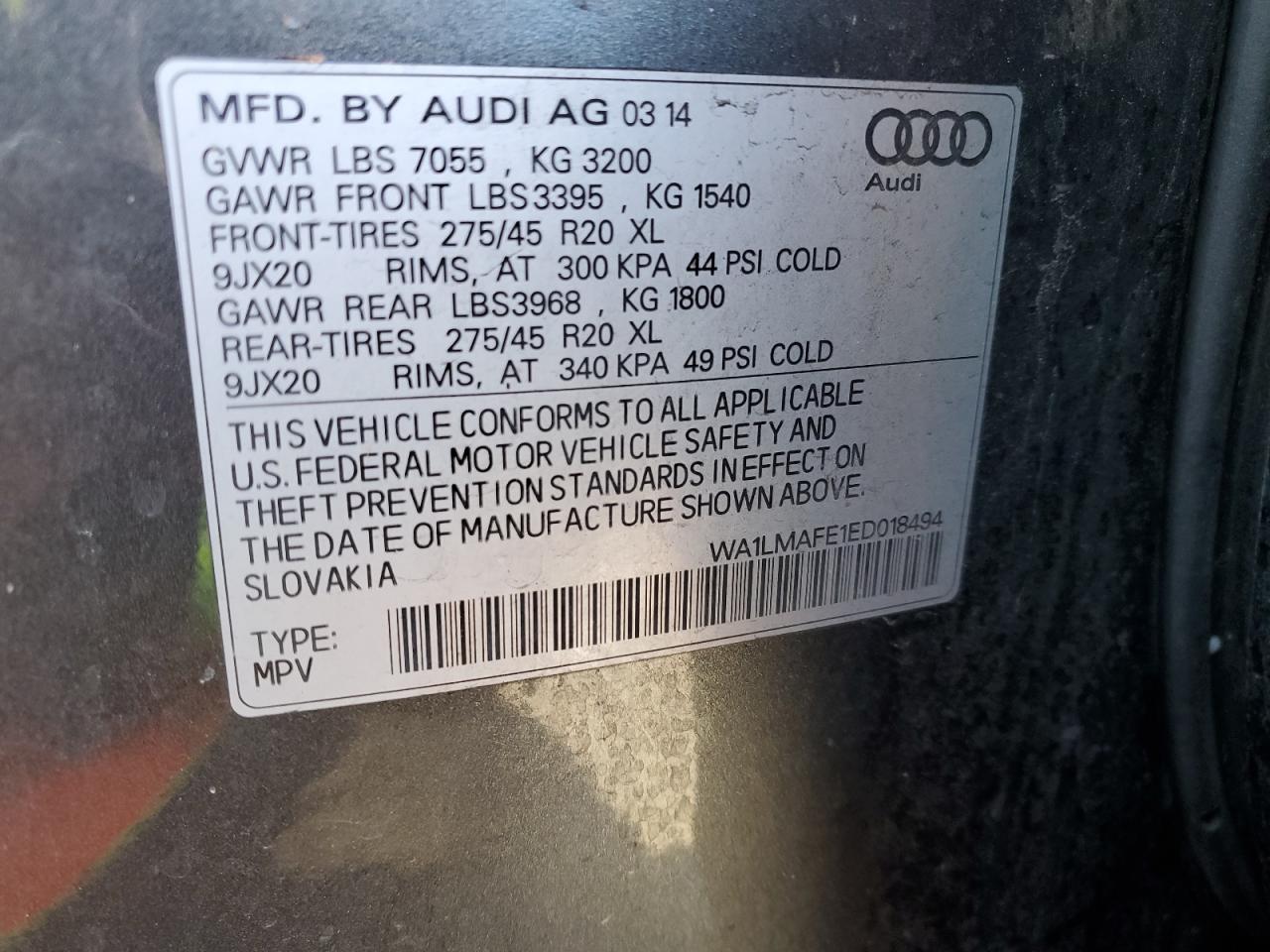 2014 Audi Q7 VIN WA1LMAFE1ED018494 Copart auction photo, front end / side damage thumbnail 16