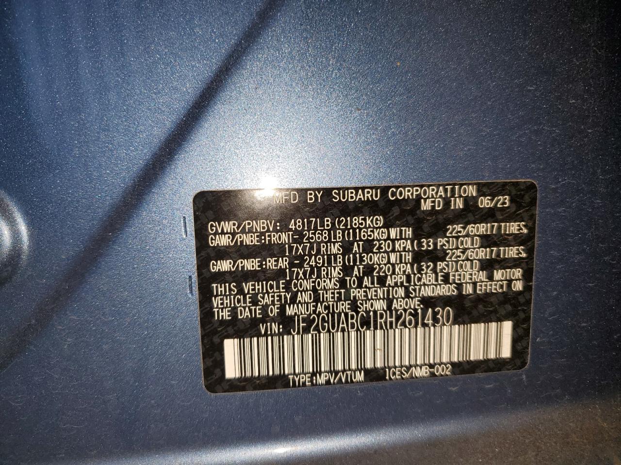 2024 Subaru XV VIN JF2GUABC1RH261430 Copart auction photo, front end damage thumbnail 14