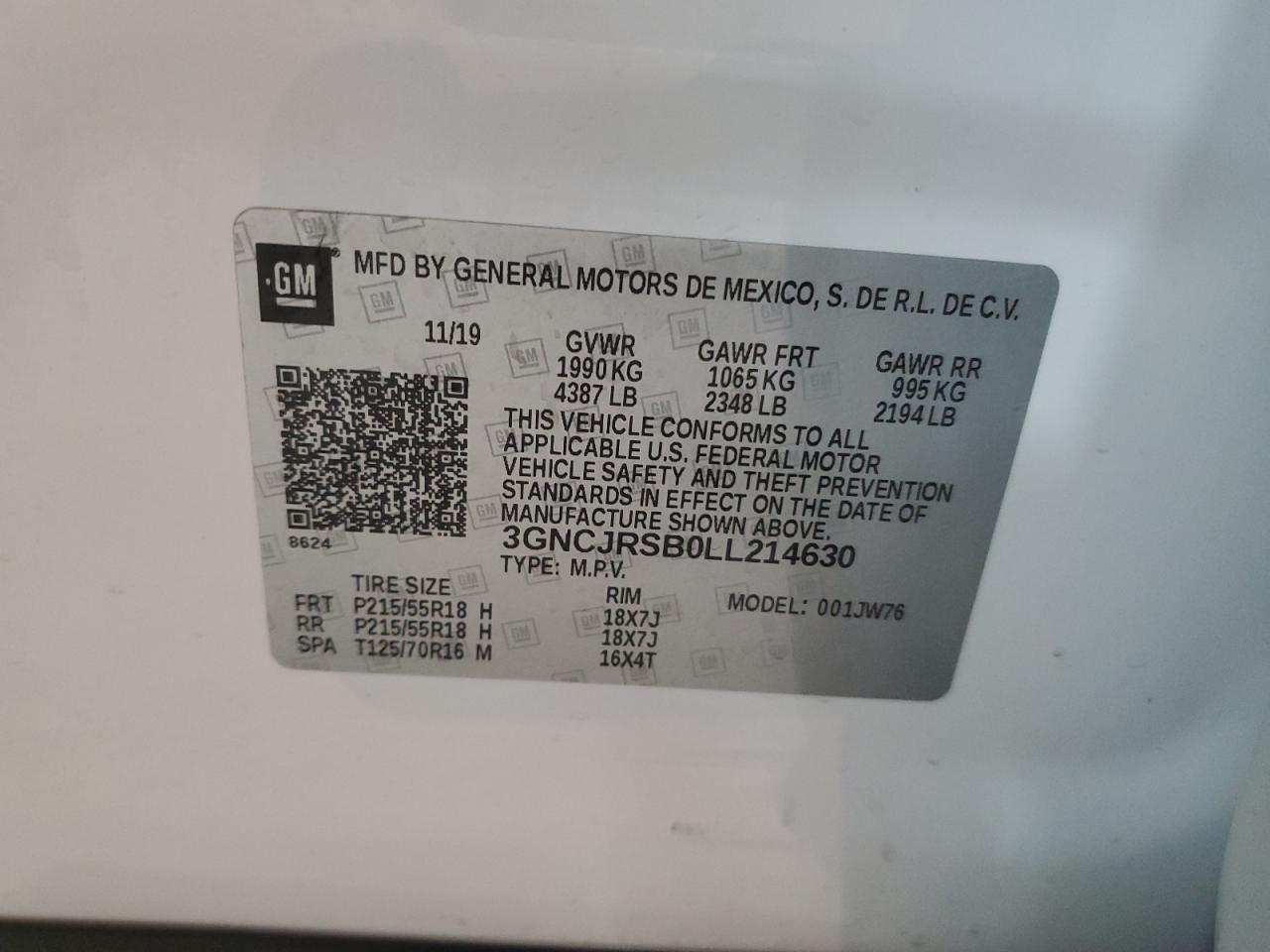 2020 Chevrolet Trax VIN 3GNCJRSB0LL214630 Copart auction photo, front end / side damage thumbnail 13