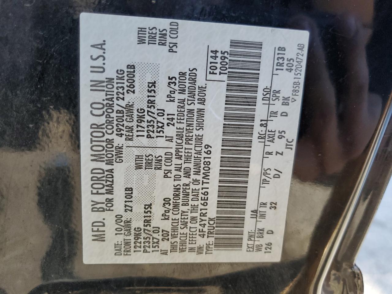 2001 Mazda B-series VIN 4F4YR16E61TM08169 Copart auction photo, all over damage thumbnail 12