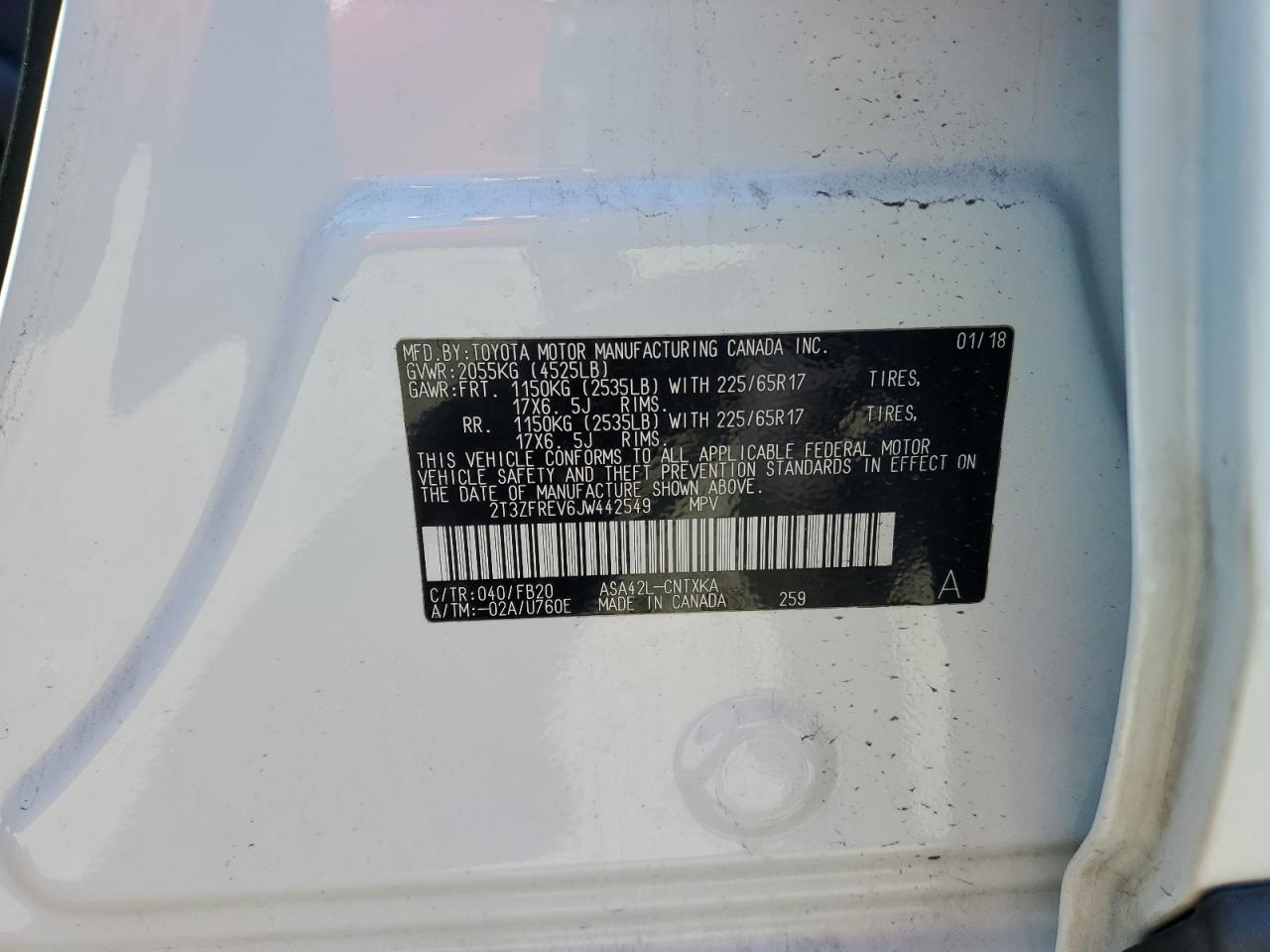 2018 Toyota RAV 4 VIN 2T3ZFREV6JW442549 Copart auction photo, rear end damage thumbnail 13