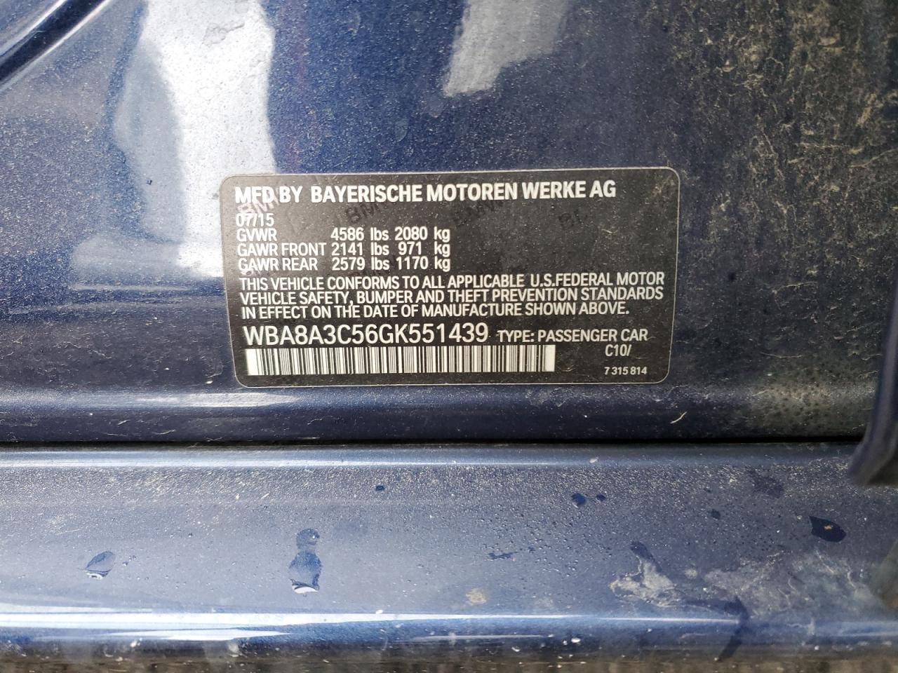 2016 BMW 3er VIN WBA8A3C56GK551439 Copart auction photo, front end damage thumbnail 12