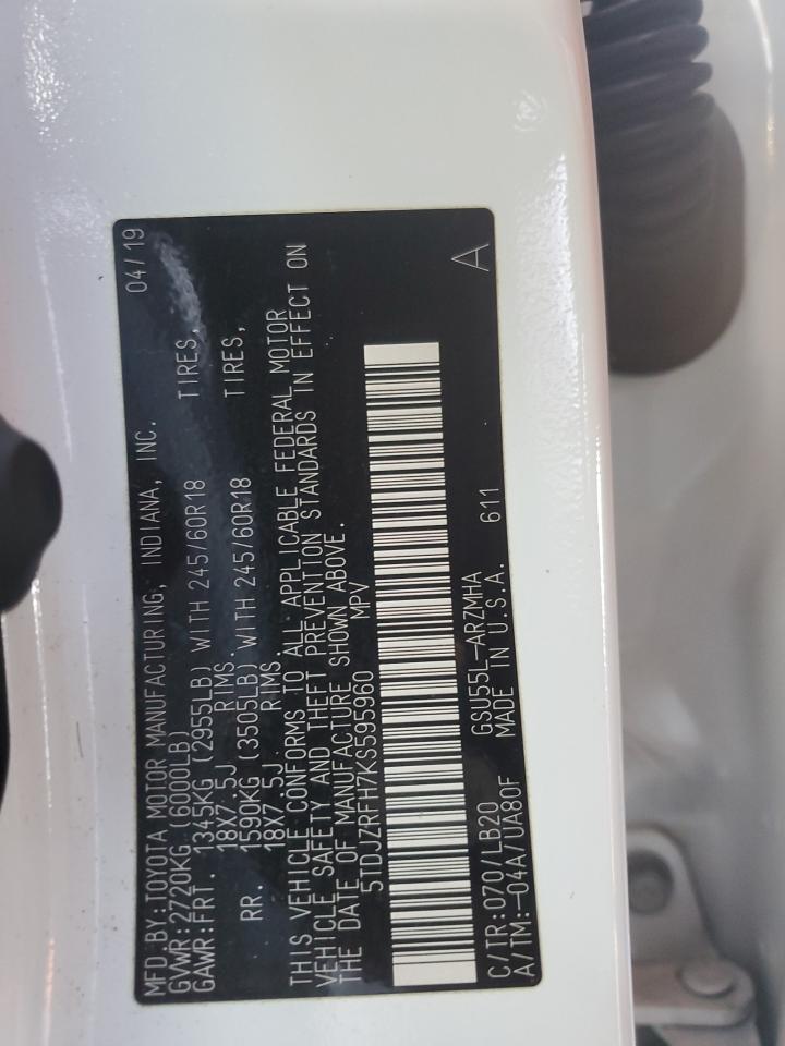 2019 Toyota Highlander VIN 5TDJZRFH7KS595960 Copart auction photo, side damage thumbnail 13