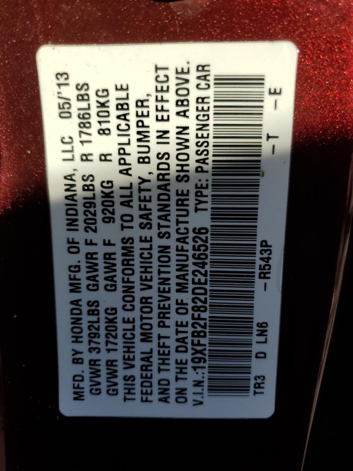 2013 Honda Civic VIN 19XFB2F82DE246526 Copart auction photo, front end damage thumbnail 12