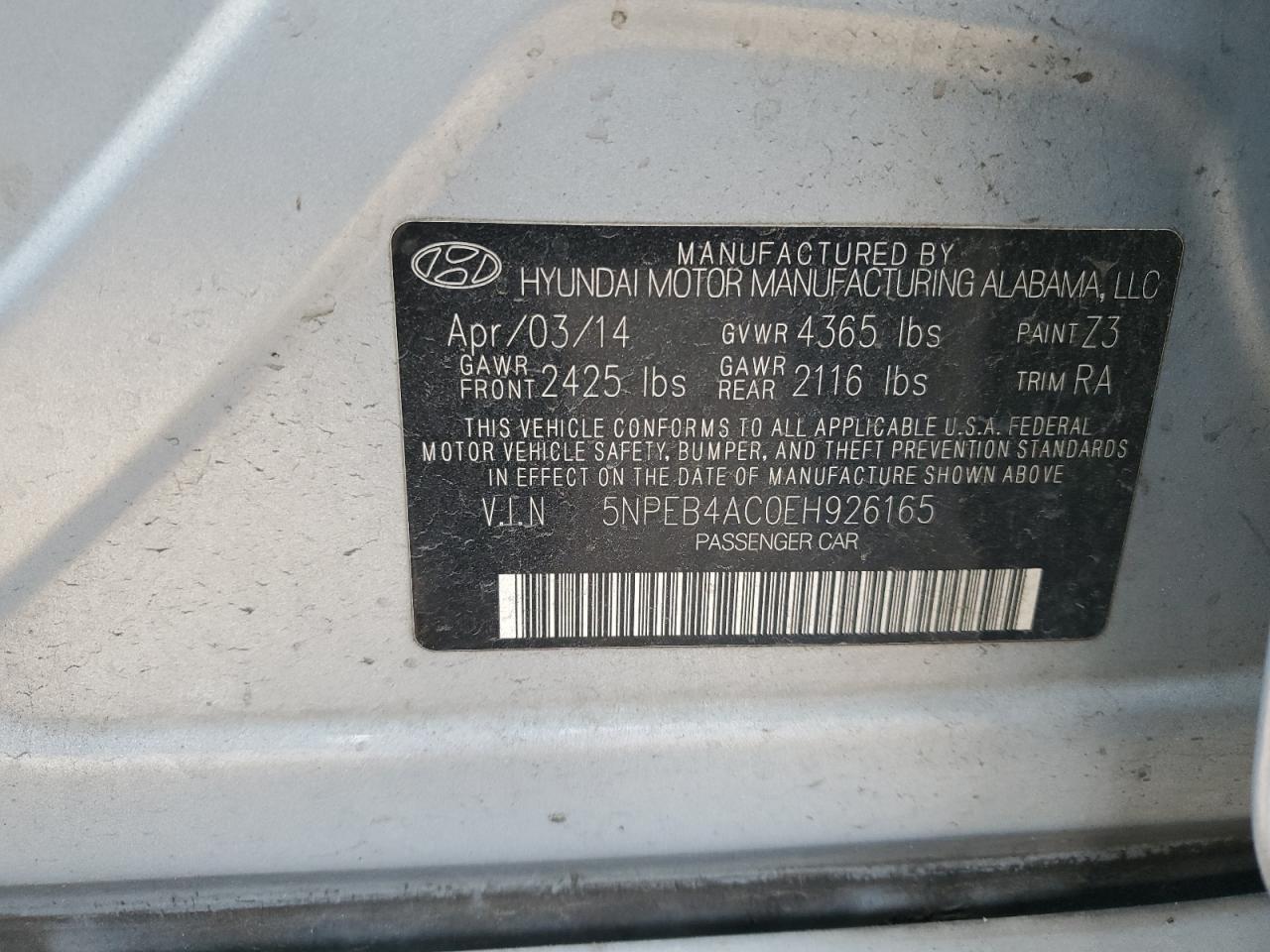 2014 Hyundai Sonata VIN 5NPEB4AC0EH926165 Copart auction photo, front end damage thumbnail 13