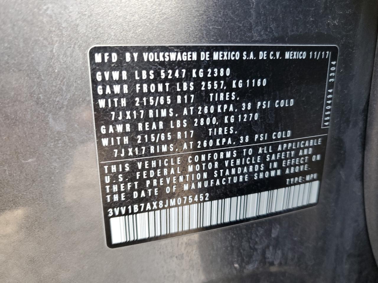 2018 Volkswagen Tiguan VIN 3VV1B7AX8JM075452 Copart auction photo, front end damage thumbnail 13