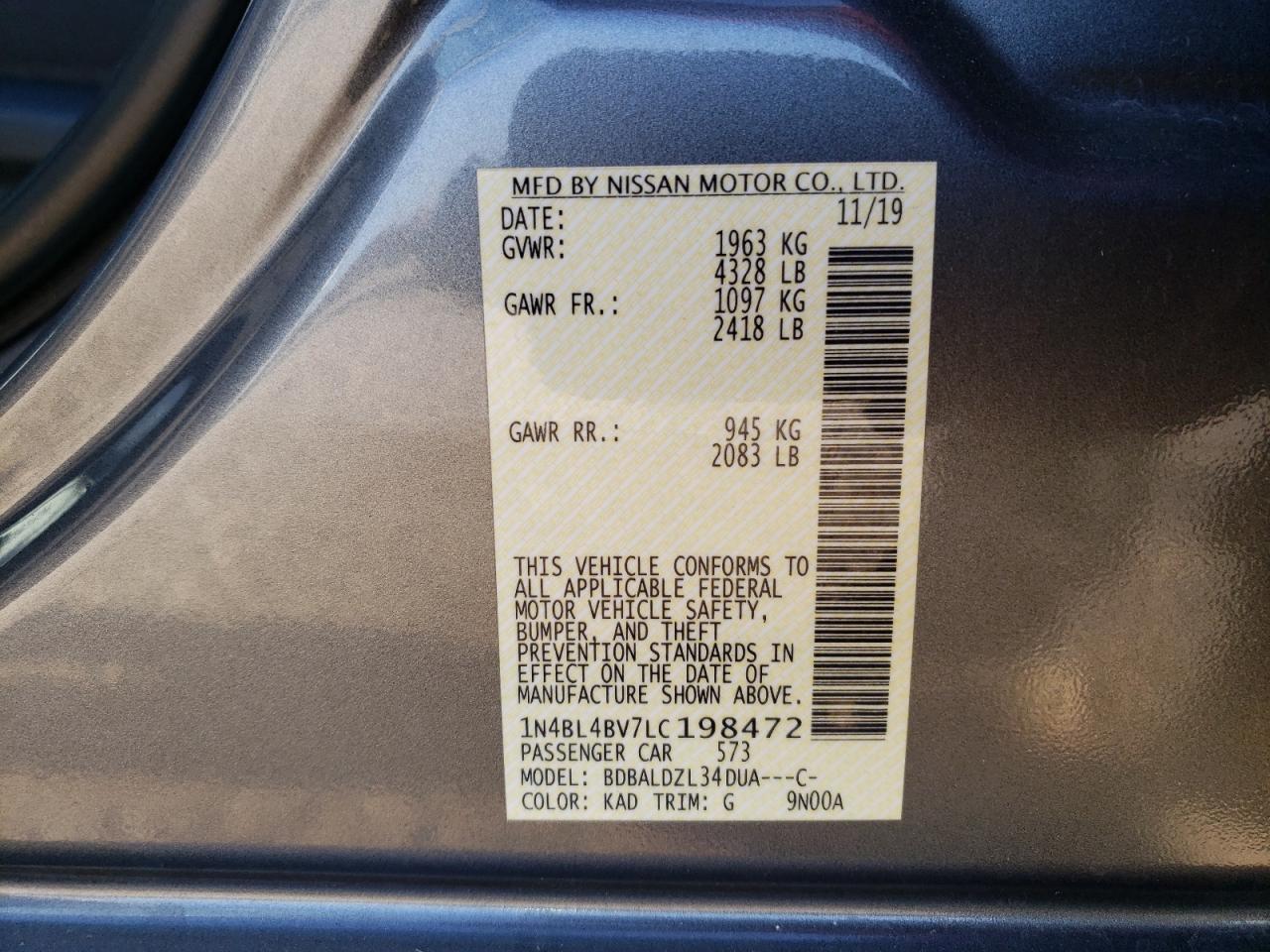 2020 Nissan Altima VIN 1N4BL4BV7LC198472 Copart auction photo, hail damage thumbnail 12