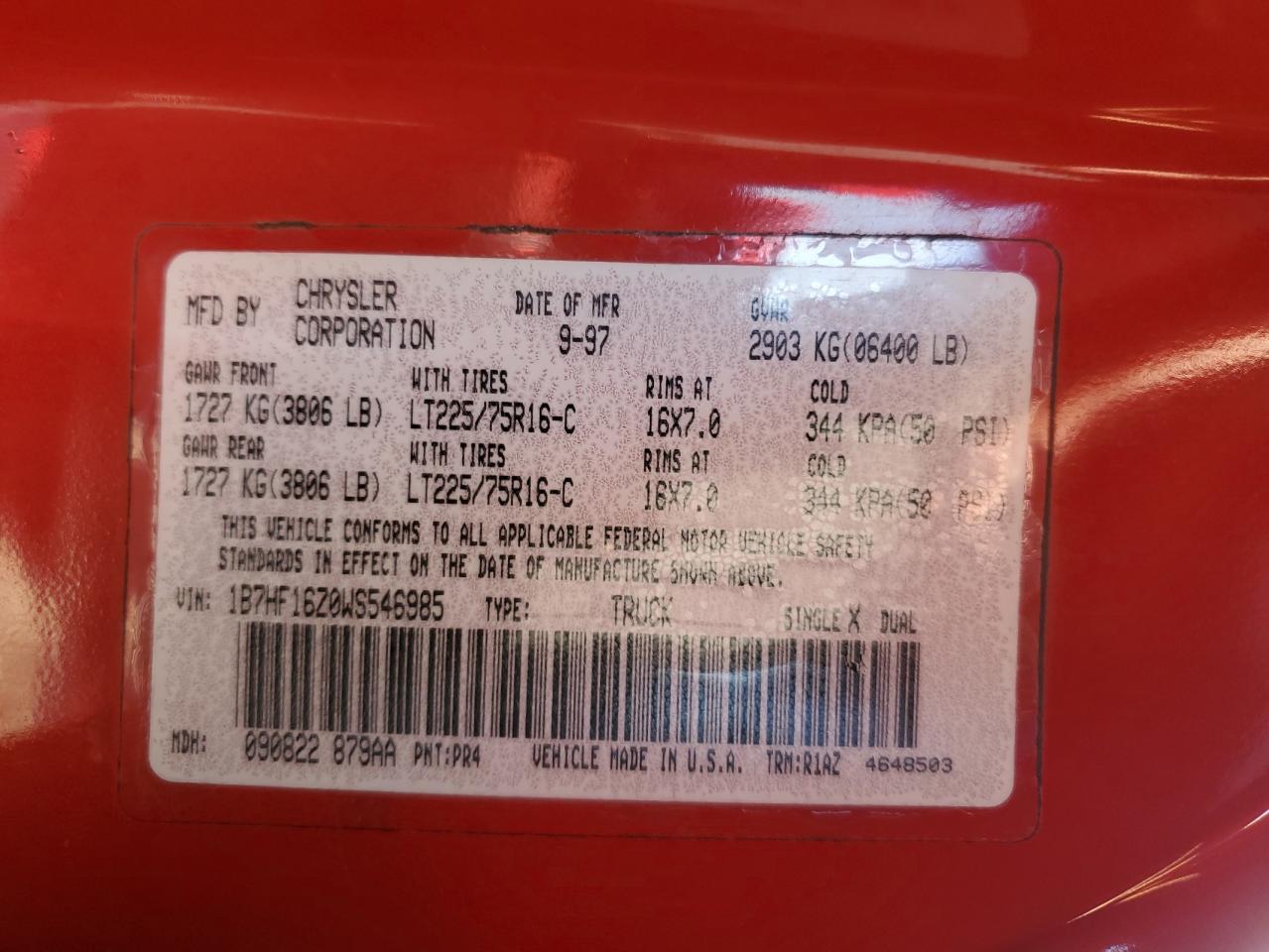 1998 Dodge RAM VIN 1B7HF16Z0WS546985 Copart auction photo, all over damage thumbnail 12