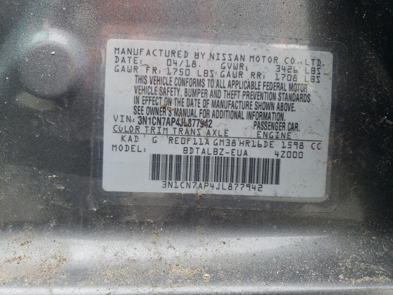 2018 Nissan Versa VIN 3N1CN7AP4JL877942 Copart auction photo, front end / side damage thumbnail 12