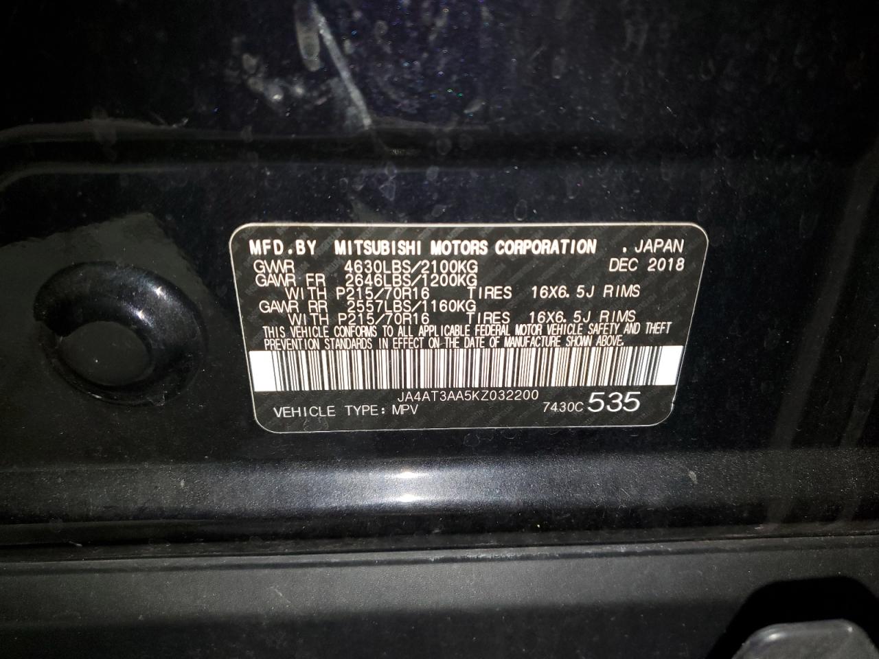 2019 Mitsubishi Eclipse VIN JA4AT3AA5KZ032200 Copart auction photo, front end damage thumbnail 13