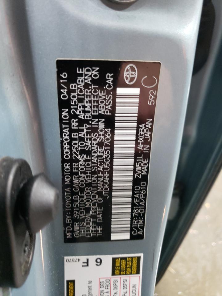 2016 Toyota Prius VIN JTDKARFU5G3517064 Copart auction photo, front end damage thumbnail 12