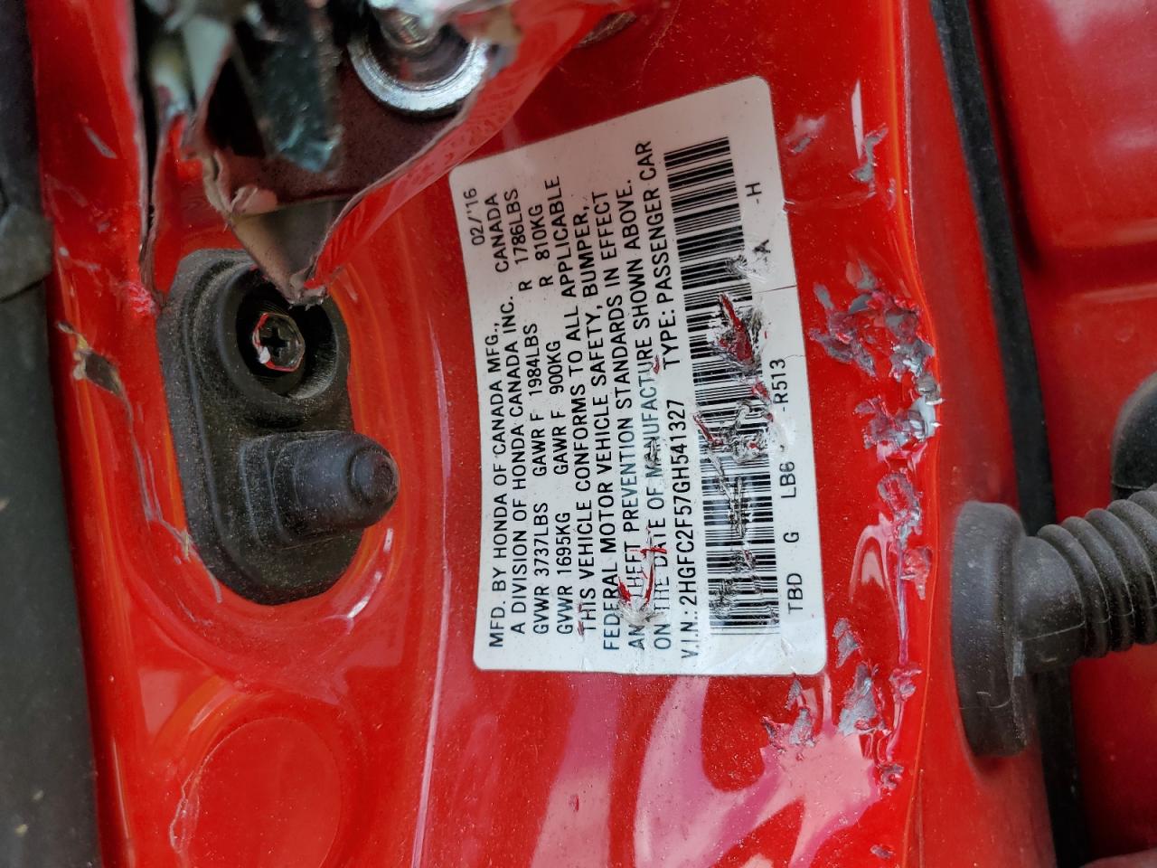 2016 Honda Civic VIN 2HGFC2F57GH541327 Copart auction photo, all over damage thumbnail 14