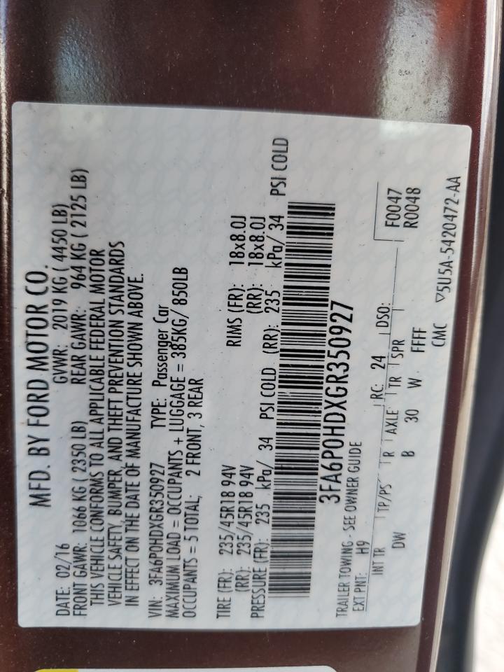 2016 Ford Fusion VIN 3FA6P0HDXGR350927 Copart auction photo, front end / minor dent/scratches damage thumbnail 13