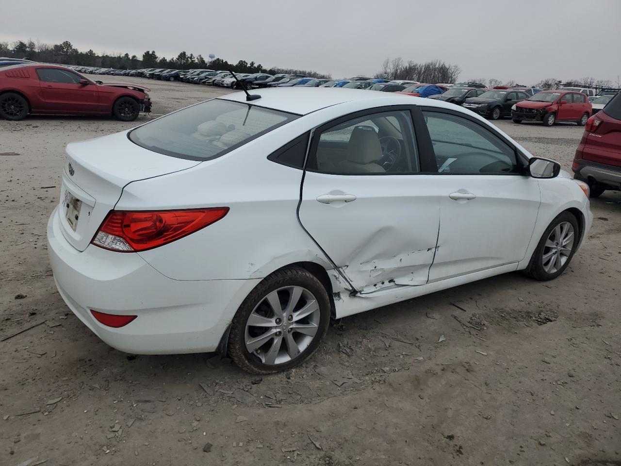 2014 Hyundai Accent VIN KMHCU4AE9EU608565 Copart auction photo, side / rear end damage thumbnail 3