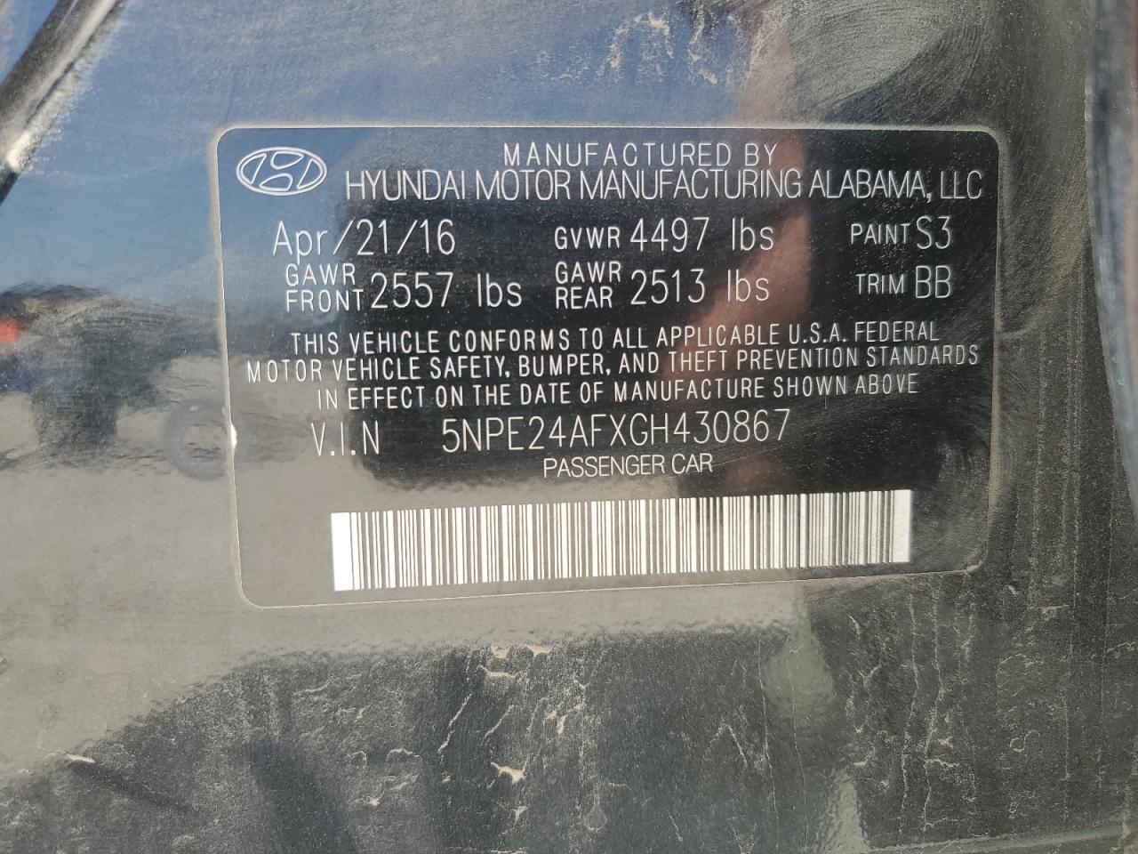 2016 Hyundai Sonata VIN 5NPE24AFXGH430867 Copart auction photo, vandalism / minor dent/scratches damage thumbnail 12