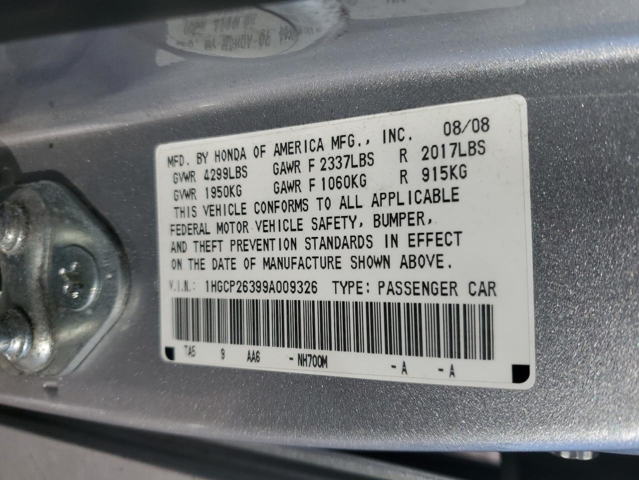 2009 Honda Accord VIN 1HGCP26399A009326 Copart auction photo, front end damage thumbnail 12