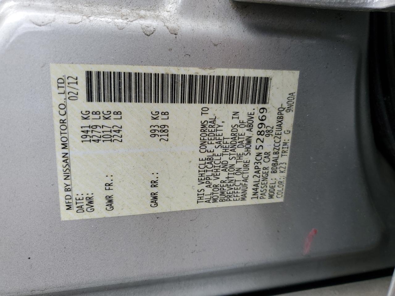 2012 Nissan Altima VIN 1N4AL2AP3CN528969 Copart auction photo, front end / minor dent/scratches damage thumbnail 12