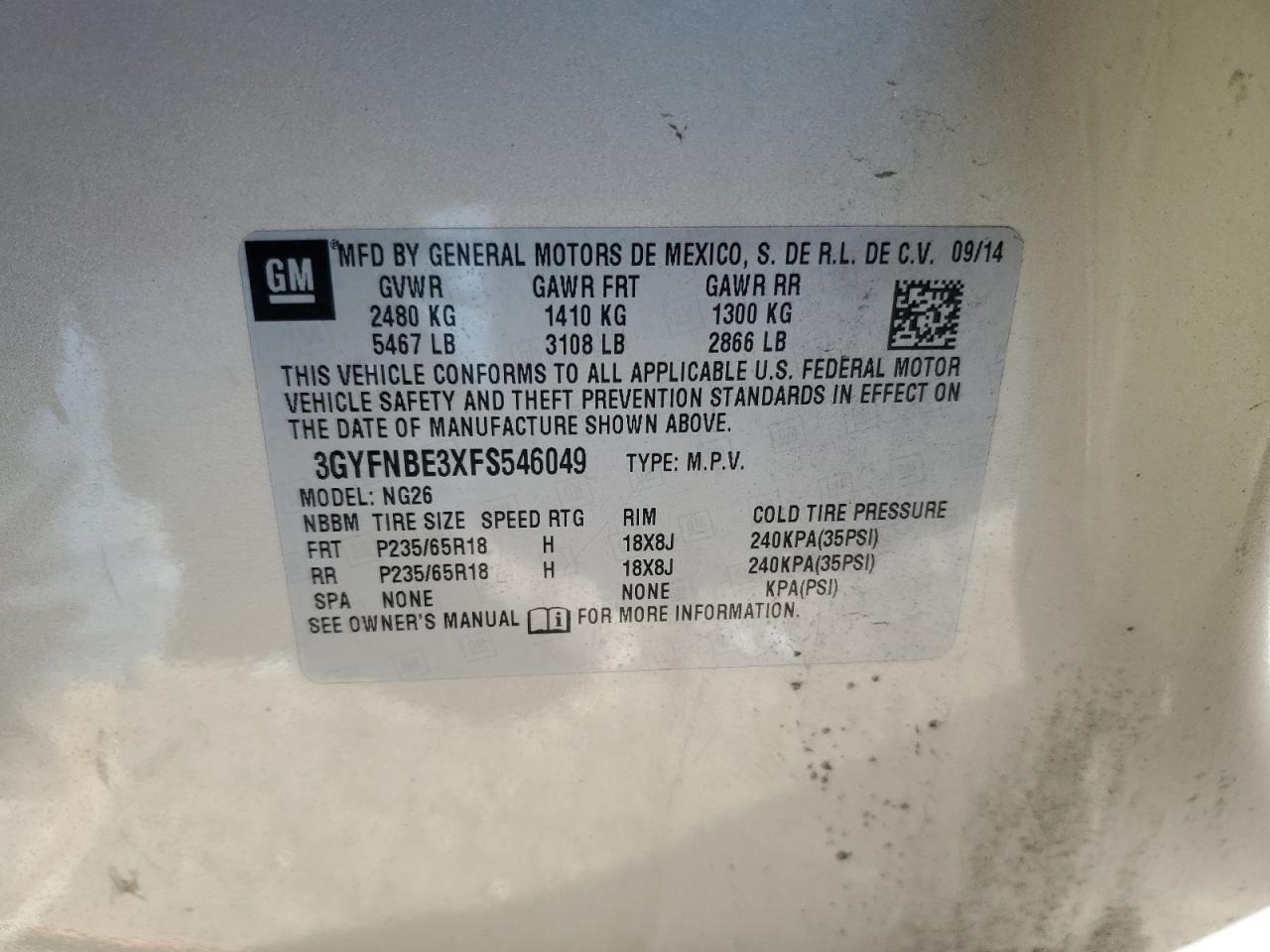 2015 Cadillac SRX VIN 3GYFNBE3XFS546049 Copart auction photo, front end damage thumbnail 14