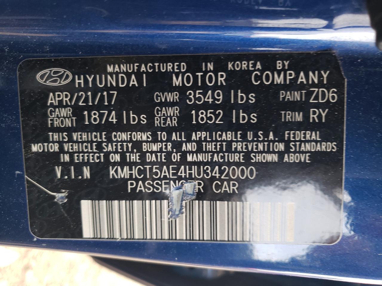 2017 Hyundai Accent VIN KMHCT5AE4HU342000 Copart auction photo, rear end damage thumbnail 12