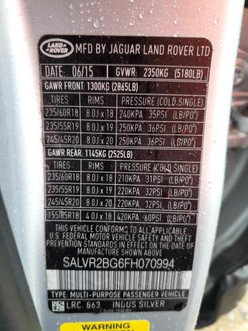 2015 Land Rover Range rover evoque VIN SALVR2BG6FH070994 Copart auction photo, front end damage thumbnail 13