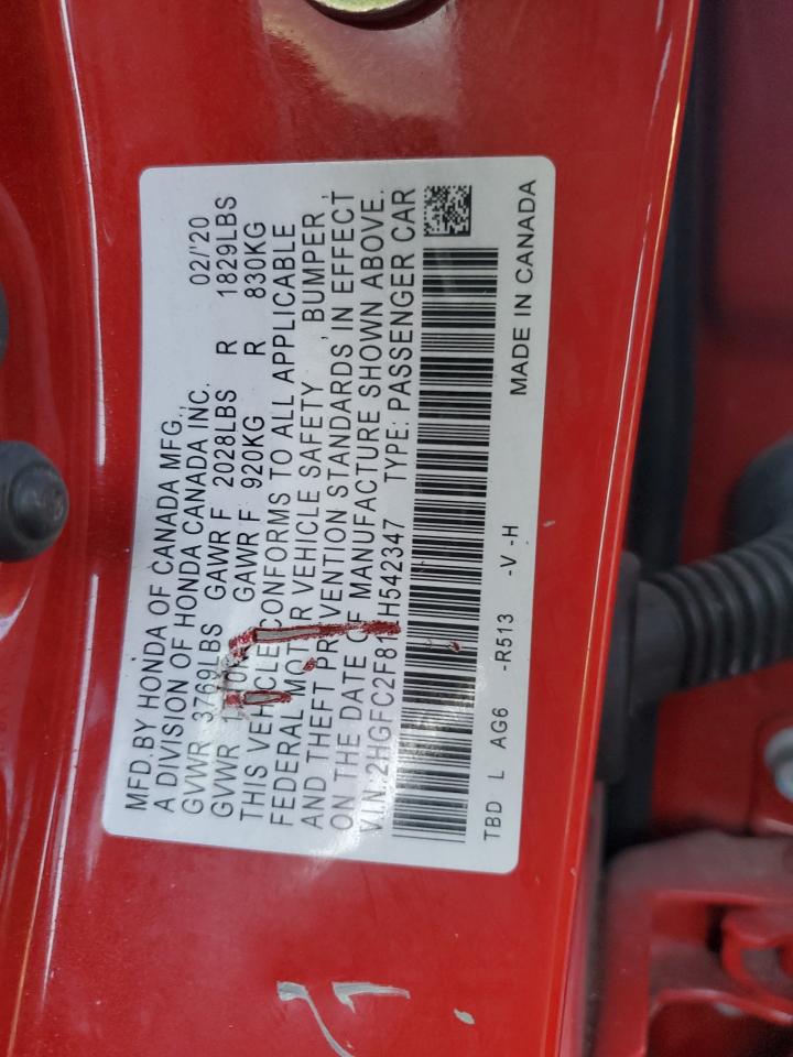 2020 Honda Civic VIN 2HGFC2F81LH542347 Copart auction photo, rear end damage thumbnail 13