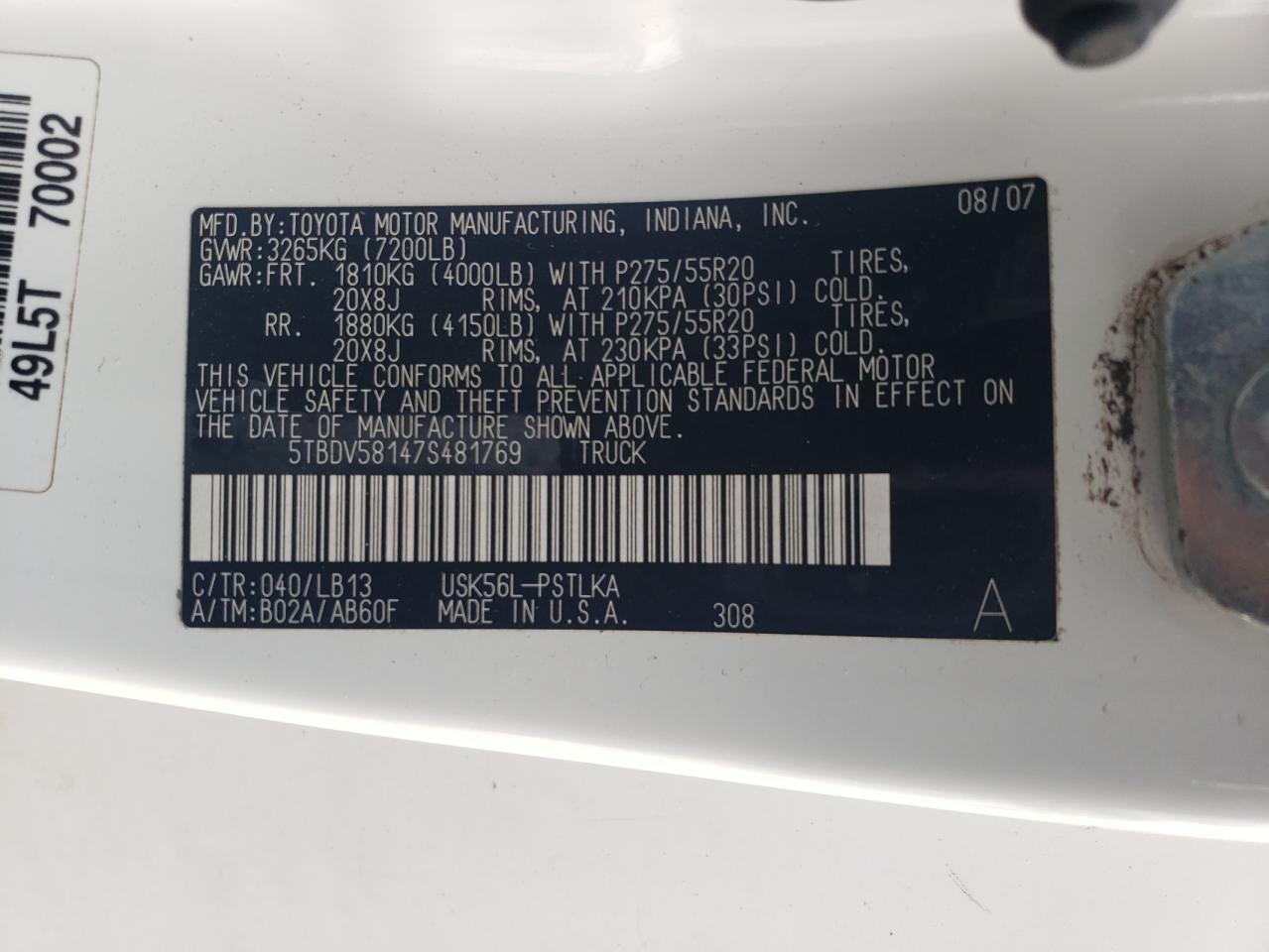 2007 Toyota Tundra VIN 5TBDV58147S481769 Copart auction photo, undercarriage / front end damage thumbnail 14