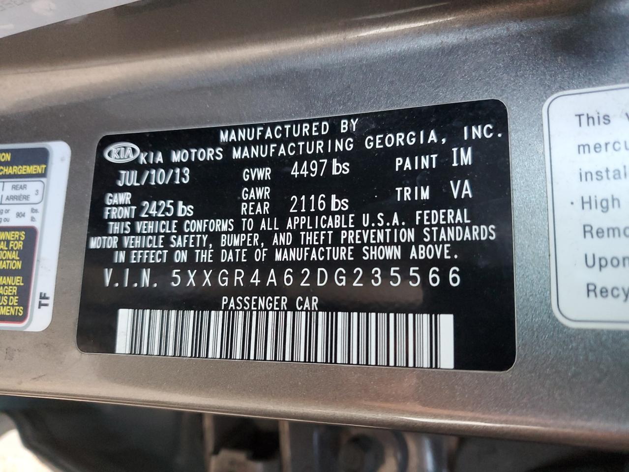 2013 KIA Optima VIN 5XXGR4A62DG235566 Copart auction photo, front end damage thumbnail 13