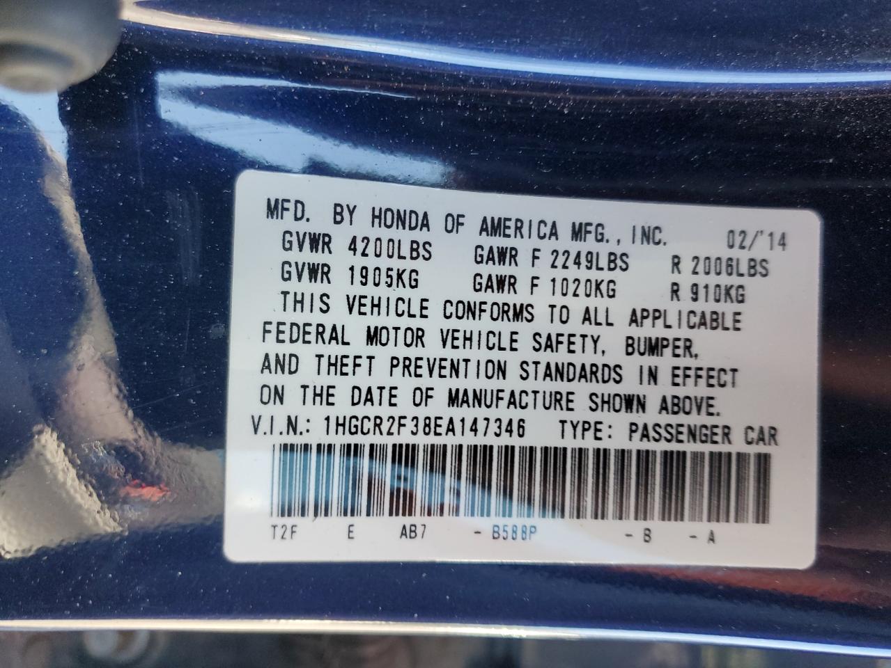 2014 Honda Accord VIN 1HGCR2F38EA147346 Copart auction photo, front end / side damage thumbnail 13