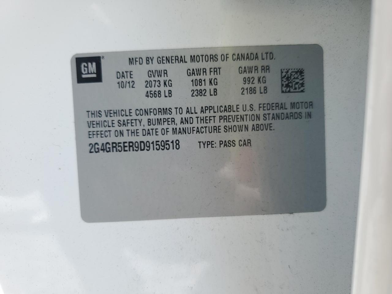 2013 Buick Regal VIN 2G4GR5ER9D9159518 Copart auction photo, rear end / minor dent/scratches damage thumbnail 12