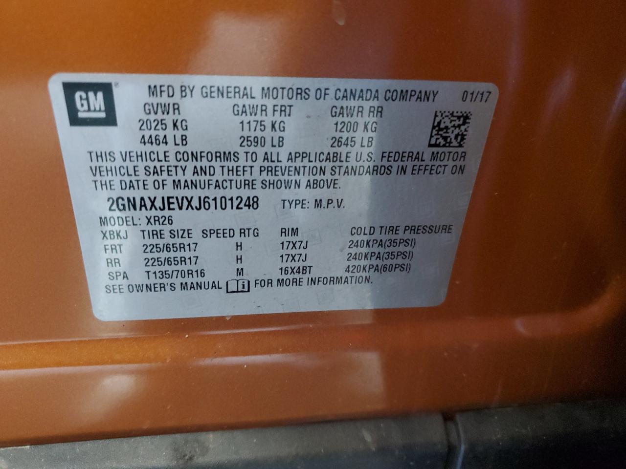 2018 Chevrolet Equinox VIN 2GNAXJEVXJ6101248 Copart auction photo, rollover damage thumbnail 13