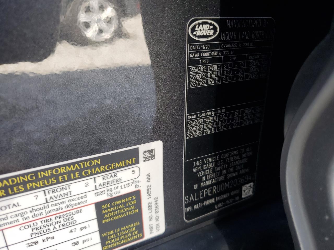 2021 Land Rover Defender VIN SALEPERU0M2036942 Copart auction photo, front end / side damage thumbnail 14