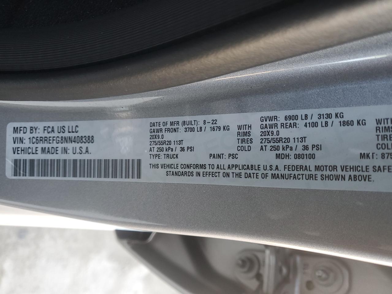 2022 RAM 1500 VIN 1C6RREFG8NN408388 Copart auction photo, side damage thumbnail 14