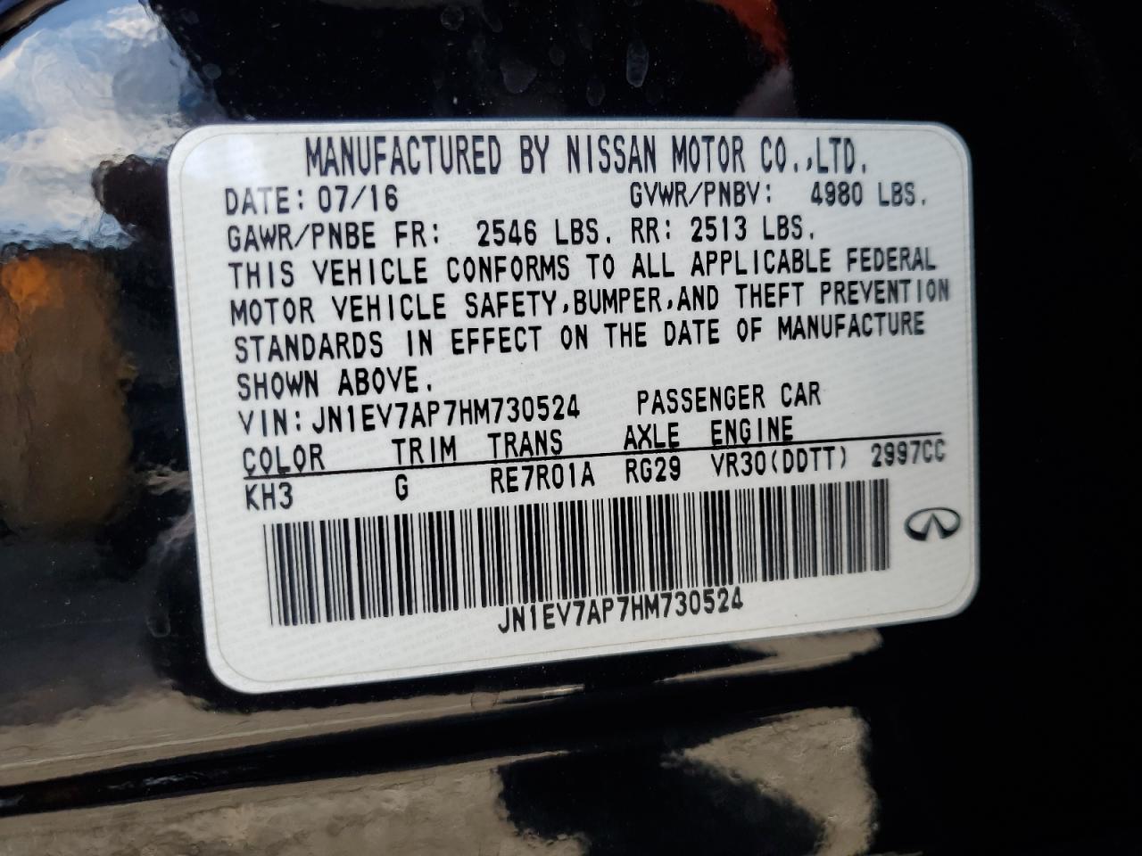 2017 Infiniti Q50 VIN JN1EV7AP7HM730524 Copart auction photo, vandalism / minor dent/scratches damage thumbnail 12