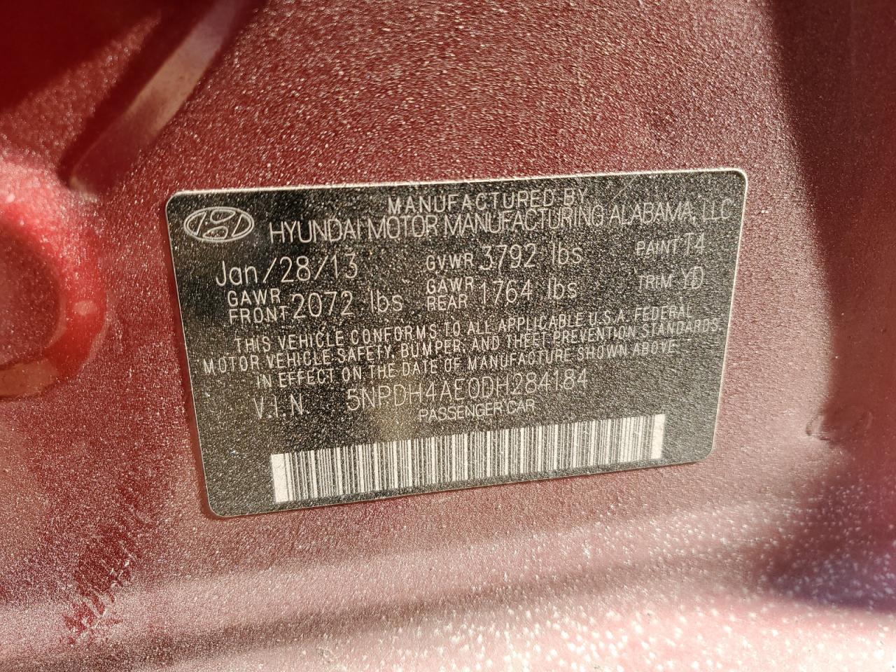 2013 Hyundai Elantra VIN 5NPDH4AE0DH284184 Copart auction photo, front end / front end damage thumbnail 15