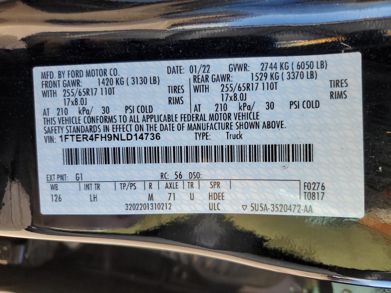 2022 Ford Ranger VIN 1FTER4FH9NLD14736 Copart auction photo, front end / rear end damage thumbnail 13