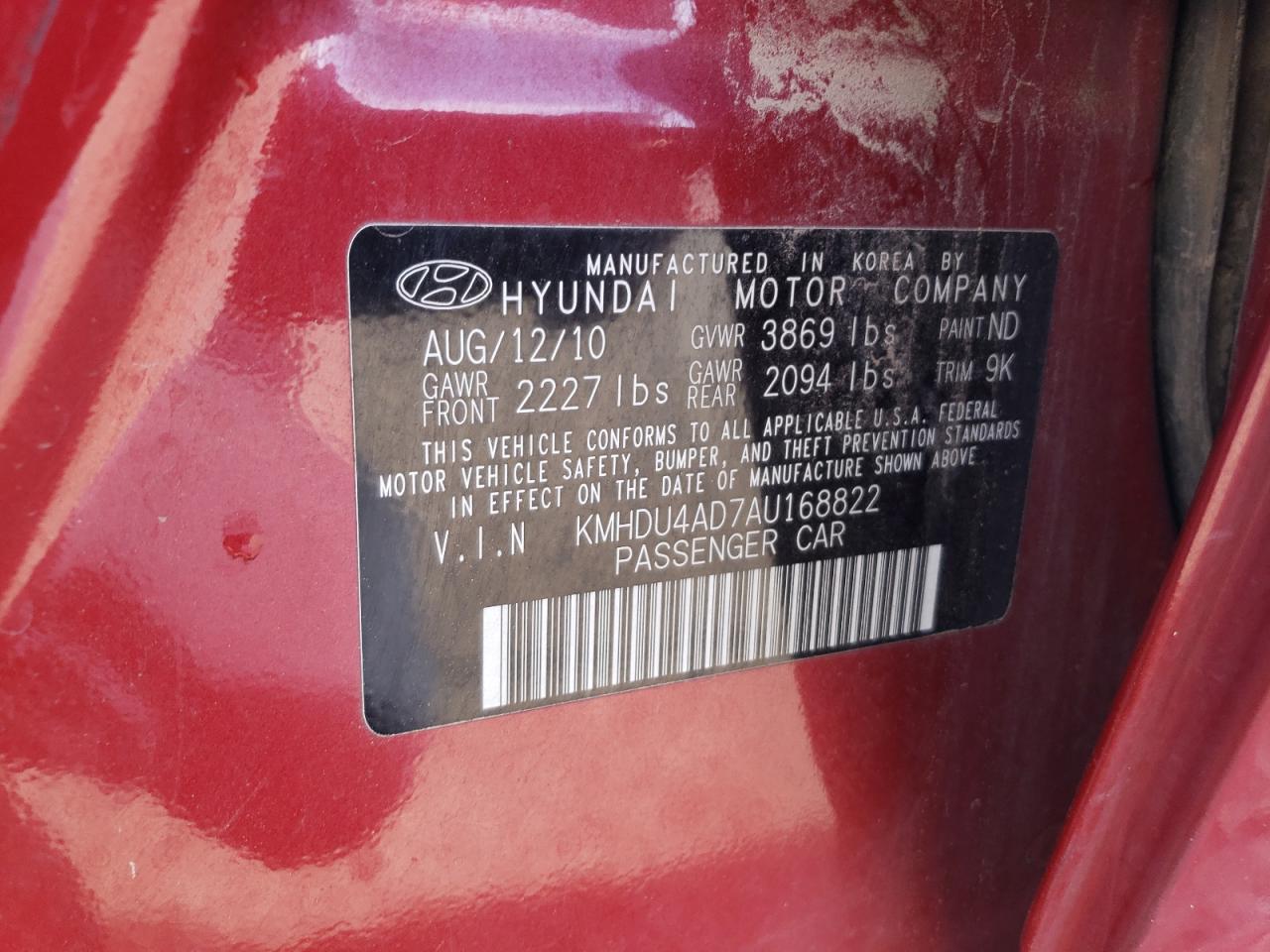 2010 Hyundai Elantra VIN KMHDU4AD7AU168822 Copart auction photo, vandalism / minor dent/scratches damage thumbnail 12