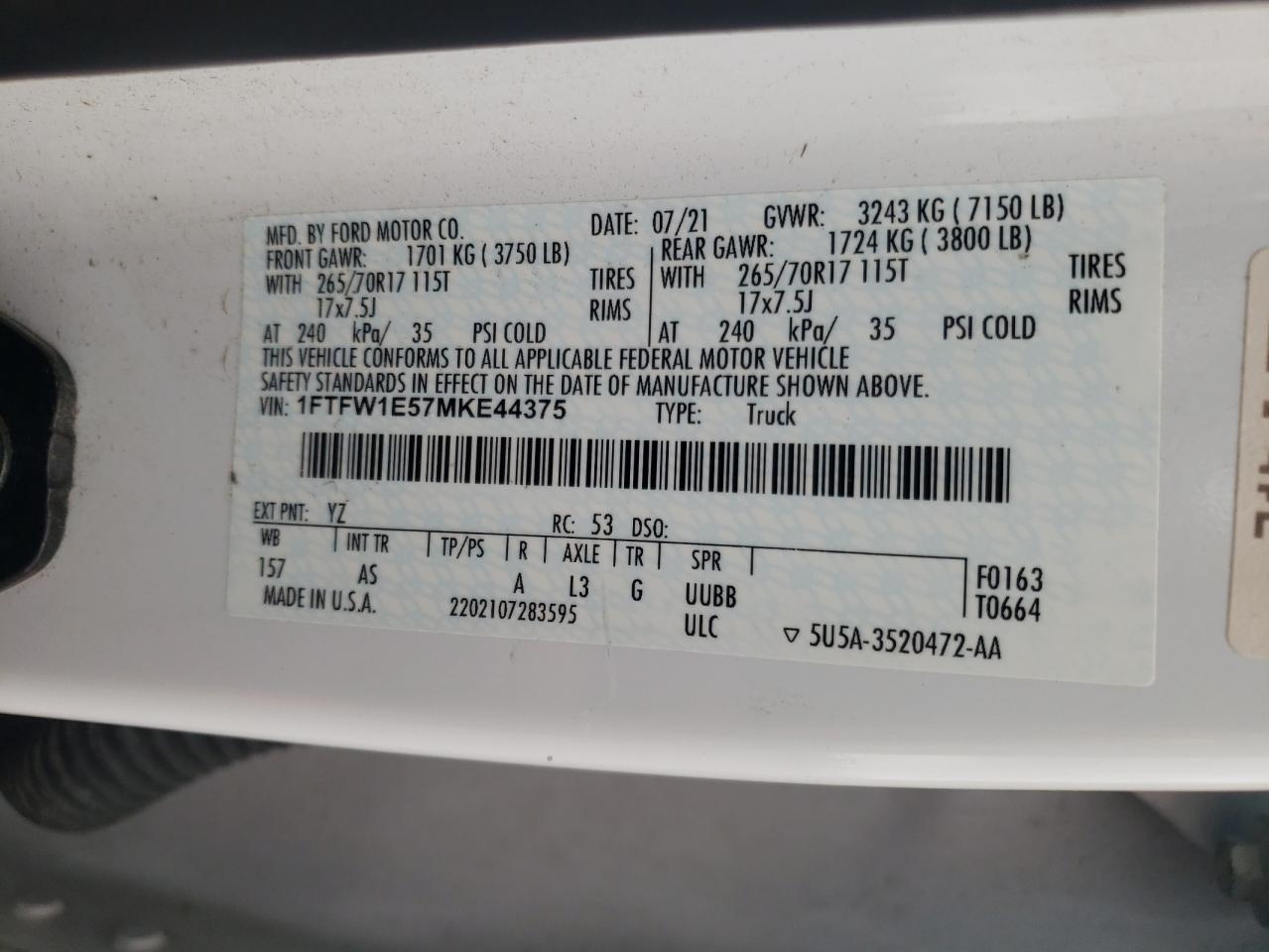 2021 Ford F-150 VIN 1FTFW1E57MKE44375 Copart auction photo, front end / mechanical damage thumbnail 13