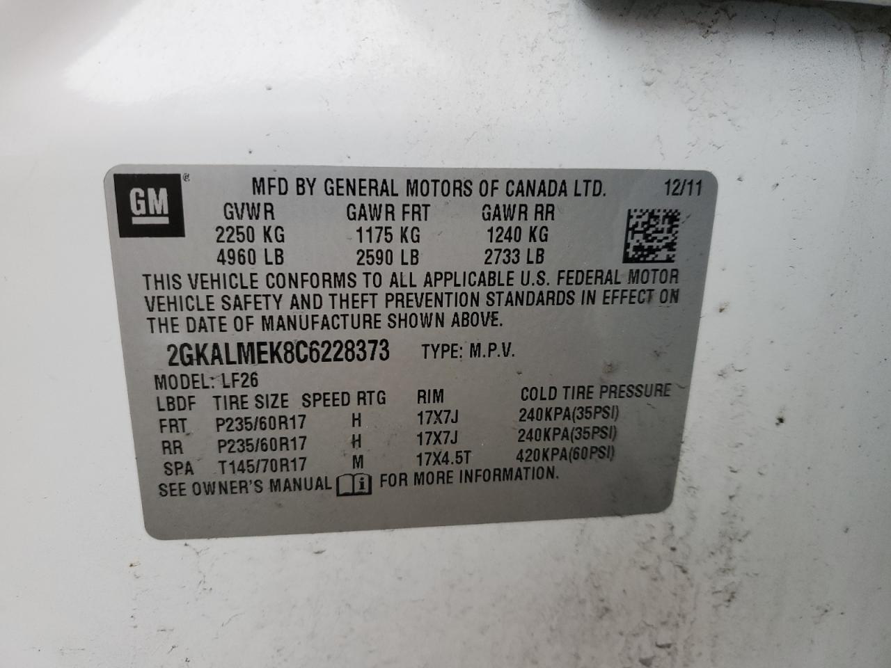 2012 GMC Terrain VIN 2GKALMEK8C6228373 Copart auction photo, mechanical damage thumbnail 13
