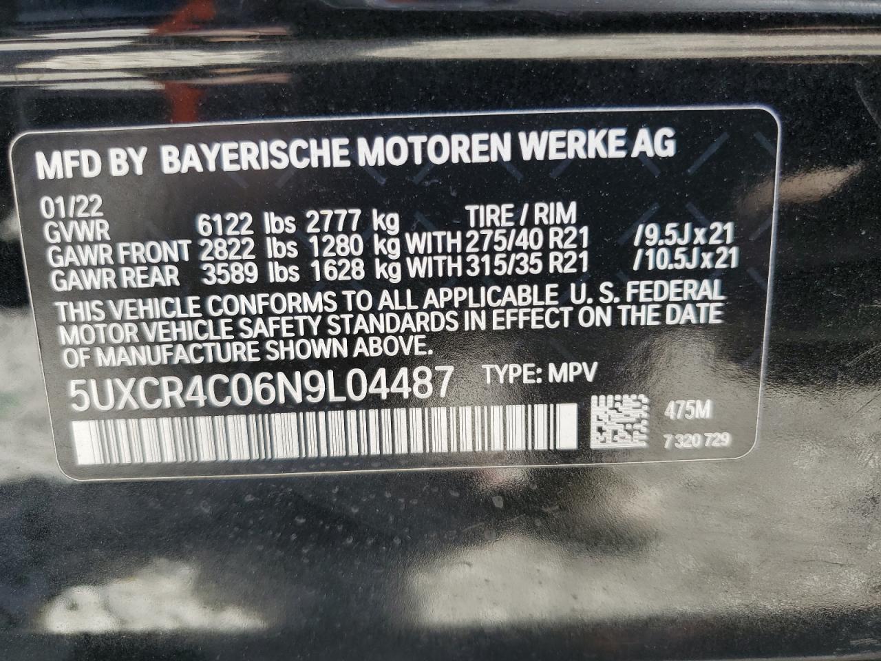 2022 BMW X5 VIN 5UXCR4C06N9L04487 Copart auction photo, side damage thumbnail 13
